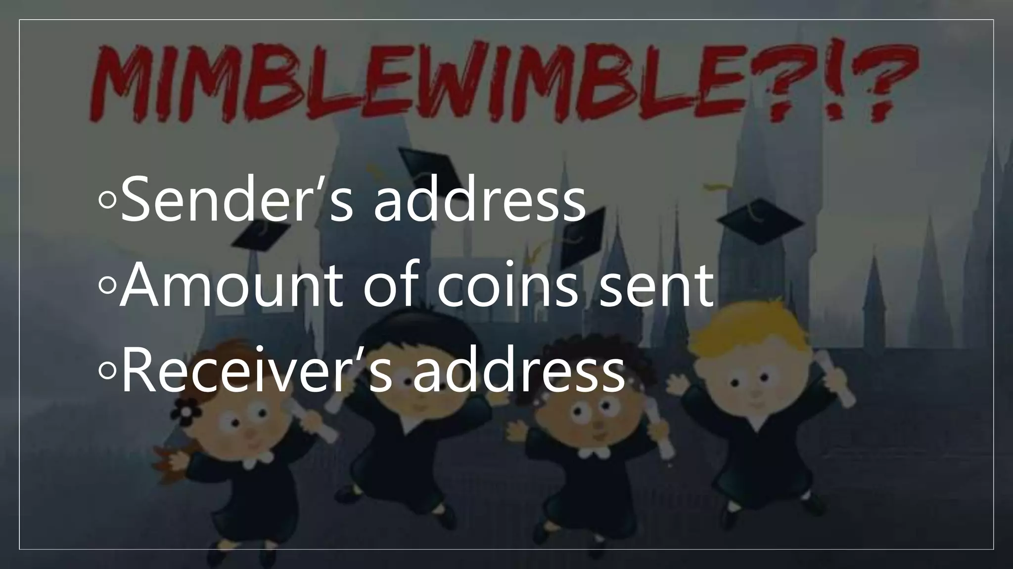 ◦Sender’s address
◦Amount of coins sent
◦Receiver’s address
 