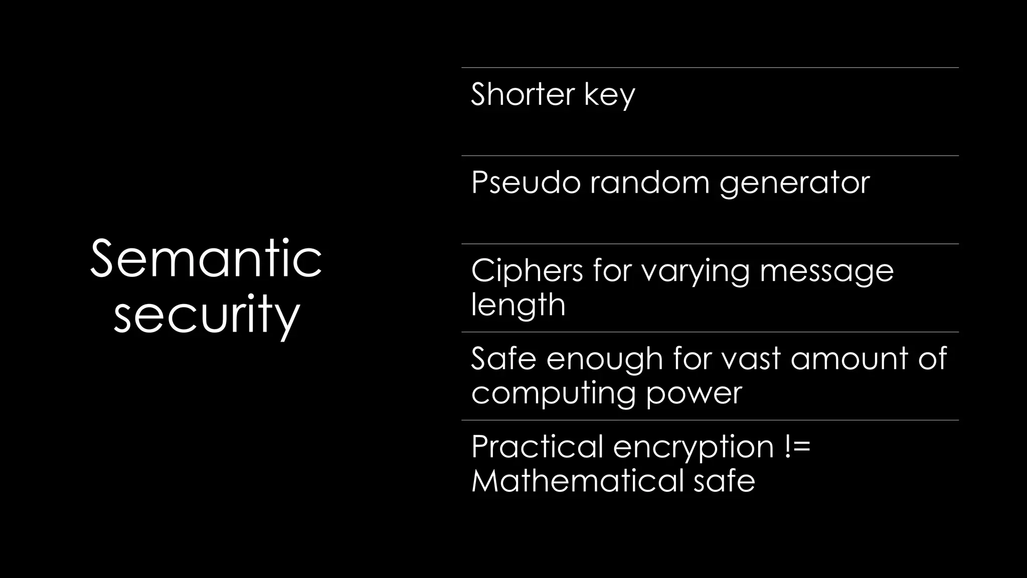 Semantic
security
Shorter key
Pseudo random generator
Ciphers for varying message
length
Safe enough for vast amount of
computing power
Practical encryption !=
Mathematical safe
 