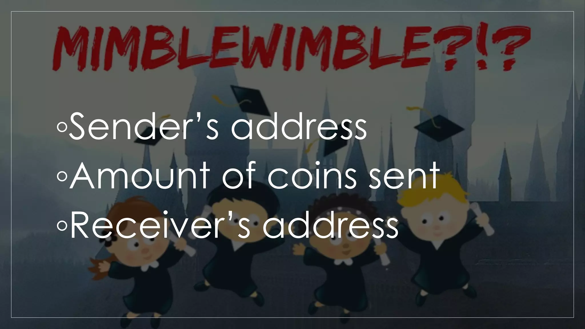 ◦Sender’s address
◦Amount of coins sent
◦Receiver’s address
 