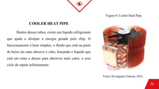 COOLER HEAT PIPE
Dentro desses tubos, existe um líquido refrigerante
que ajuda a dissipar a energia gerada pelo chip. O
funcionamento é bem simples: o fluido que está na parte
de baixo do cano absorve e sobe, forçando o líquido que
está em cima a descer para absorver mais calor, e esse
ciclo de repete infinitamente.
Figura 4: Cooler Heat Pipe.
Fonte: Divulgação Zalman, 2016.
 