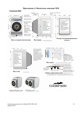 Приложение 4: Физическое описание M30

                                                                                                                            Камера кондиционированного
                                                                        Секция вентилятора и                                воздуха
                                                                              фильтра              Секция HMX
                                               Сетевое напряжение,
                        Ширина 26 1/4"         отверстие 3/4" в
                                               соединительной коробке


                                              Низковольтный термостат,
                                              соленоид, отверстия 3/4"

                                               Подача воды со сборки                                  Выкидной                                           Для подключения
                                               контроля воды: фитинг                                  воздуховод можно                                   воздуховода
                                               3/8" с ручным                                          подключить к                                       кондиционированного
                                               уплотнением                                            отверстию                                          воздуха монтажник
Высота 46 1/4"




                                               Панель доступа к                                       диаметром 16",                                     может проникнуть в
                                               фильтру, вентилятору и                                 находящемуся                                       камеру
                                               НМХ                                                    вверху секции НМХ,                                 кондиционированного
                                               Фланец с буртиком с                                    или можно                                          воздуха в любом месте в
                                               глубоким началом                                       проникнуть с любого
                                               диаметром 20" х 3/4".                                                                                     пределах площадки 21
                                                                                                      боку в пределах
                                               Сразу же возрастает до                                                                                    3/4" х 33 1/4".
                                               диаметра 22" в случае                                  площадки 19" х 35".
                                               всасывания с
                                               воздуховодом.

                                               Дренаж: ABS штуцер
                                               диаметром 1 1/2". Дренаж
                                               должен быть охвачен



                                                                                                                                               Камера кондиционированного
                    Вид со стороны вентилятора                                Вид справа                                                                 воздуха




                                                                             Примечание: рабочий
                                                                             воздух влажный, и вода
                                                                             будет скапливаться в
                                                                             воздуховоде,
                                                                             подключенном к секции
                         Выкидной                                            отработанного воздуха.
                                                                             Наклоните воздуховод так,                                                           Диаметр 16"
                         воздуховод можно
                         подключить к                                        чтобы вода стекала обратно                                                          Подключите выкидной
                         отверстию                                           в воздушный кондиционер                                                             воздуховод к отверстию
                         диаметром 16",                                      либо в подходящее место                                                             диаметром 16", или можно
                         находящемуся                                        снаружи. В выкидных                                                                 проникнуть в пределах
                         вверху секции НМХ,                                  воздуховодах избегайте                                                              площадки 19" х 24 1/4", или
                         или можно                                           углублений.                                                                         можно проникнуть с любого
                         проникнуть с                                                                                                                            боку.
                         любого боку в
                         пределах площадки
                                                                                                                 Вид сверху
                         19" х 35".
                                                                                                                                       Чтобы изменить поток слева направо манометр
                                                                                                                                       можно переставить на другую сторону регулятора.
                                                                                                                                                                Вода на воздушный
                                                                                                                                                                кондиционер, 3/8" фитинг с
                                                                                                          Вход воды, 3/8"
                                                                                                                                                                ручным уплотнением.
                                                                                                          фитинг с ручным
                                                                                                          уплотнением.                                         Управление соленоидом к
                                                                                                                              Ш 9" х В 3,5" х Г 3,5"           воздушному кондиционеру 24 В
                        Вид слева                                                                                                                              переменного тока, 2 провода
                                                                                                              Сборка управления водой
                                                                                                                  Для предотвращения порчи от замерзания монтируйте в аппаратной комнате




                 Одиночное устройство М30            2 устройства М30




Справочное руководство Coolerado M30, M50, C60                                                                                                                                               36
Версия 2010-1
 