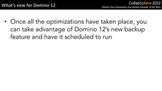 What’s new for Domino 12
• Once all the optimizations have taken place, you
can take advantage of Domino 12’s new backup
feature and have it scheduled to run
 
