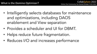 • Intelligently selects databases for maintenance
and optimizations, including DAOS
enablement and View separation
• Provides a scheduler and UI for DBMT.
• Helps reduce future fragmentation.
• Reduces I/O and increases performance
What is the Domino Optimizer?
 