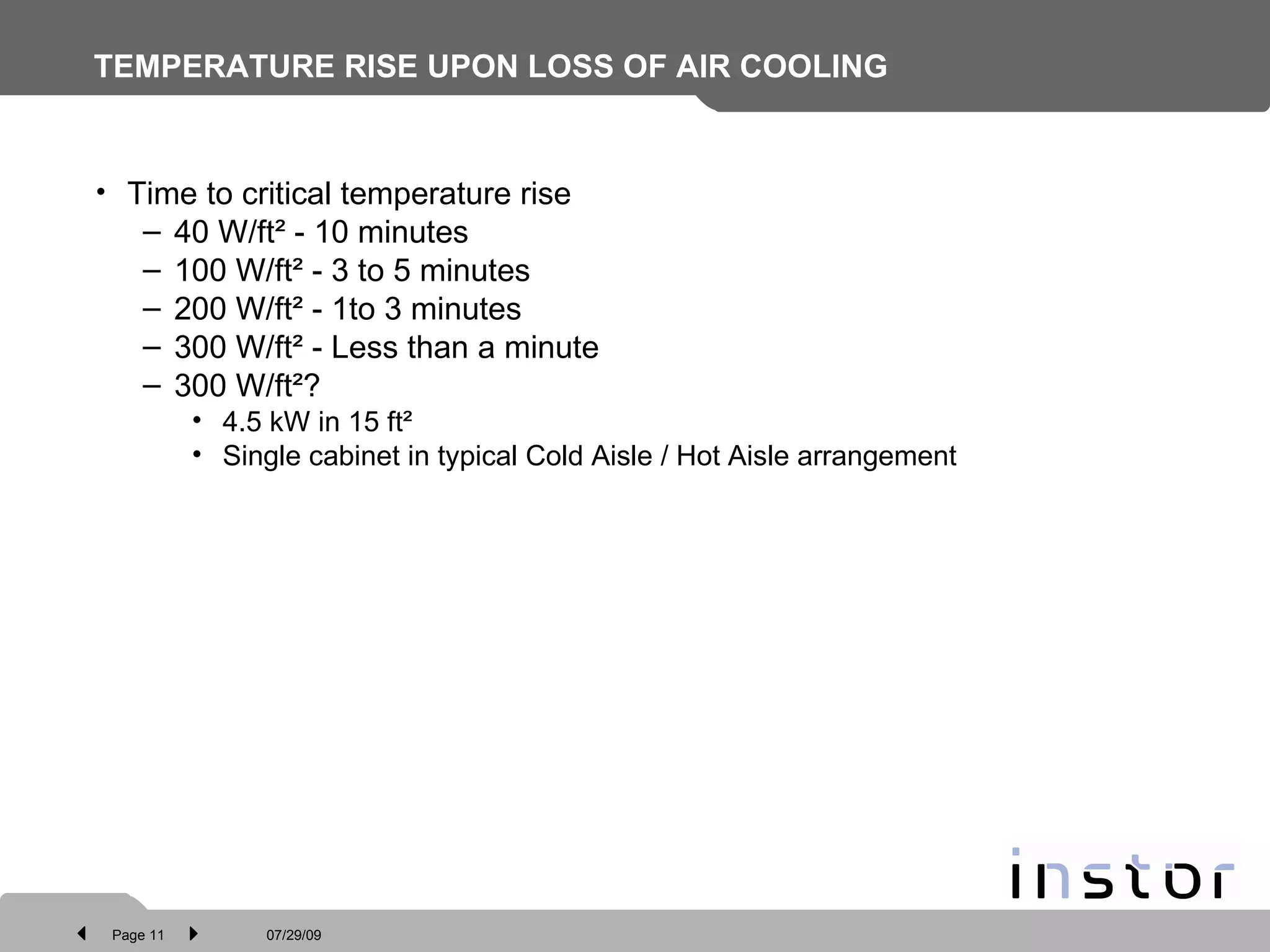 TEMPERATURE RISE UPON LOSS OF AIR COOLING Time to critical temperature rise  40 W/ft² - 10 minutes 100 W/ft² - 3 to 5 minutes 200 W/ft² - 1to 3 minutes 300 W/ft² - Less than a minute 300 W/ft²?  4.5 kW in 15 ft² Single cabinet in typical Cold Aisle / Hot Aisle arrangement  