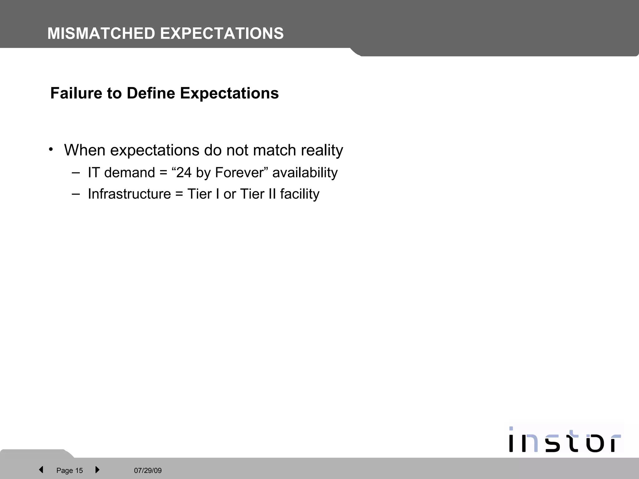 MISMATCHED EXPECTATIONS When expectations do not match reality IT demand = “24 by Forever” availability Infrastructure = Tier I or Tier II facility Failure to Define Expectations 
