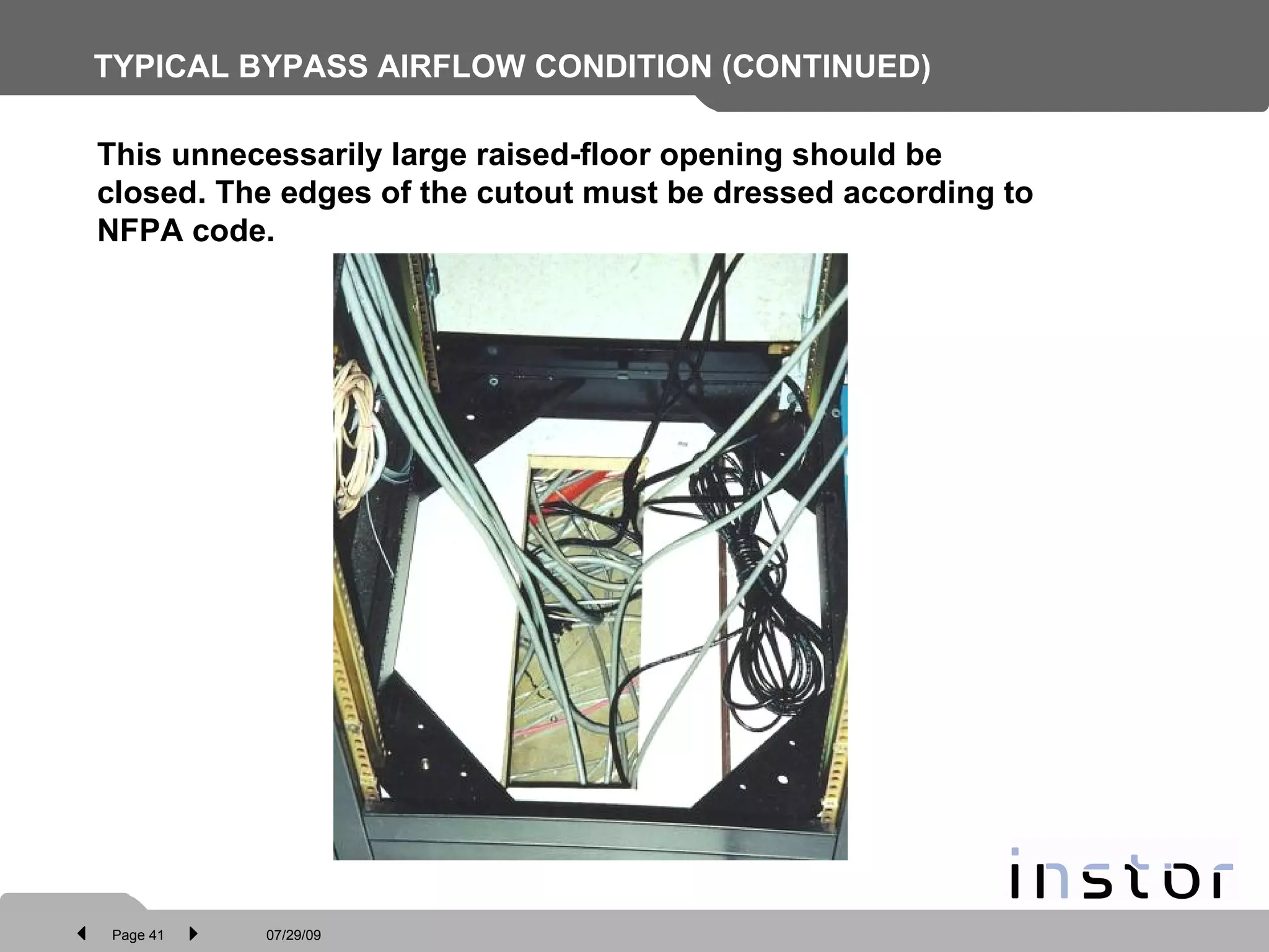 TYPICAL BYPASS AIRFLOW CONDITION (CONTINUED)  This unnecessarily large raised-floor opening should be closed. The edges of the cutout must be dressed according to NFPA code. 