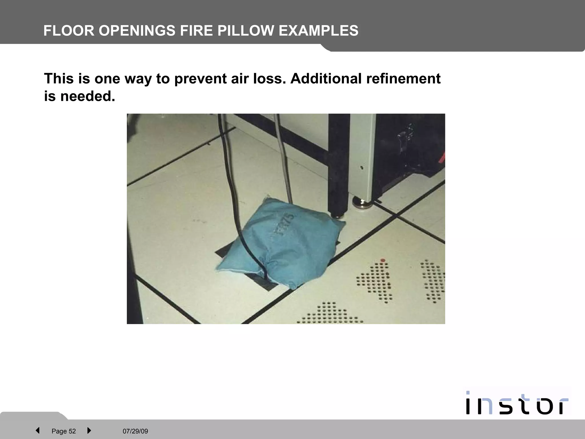 FLOOR OPENINGS FIRE PILLOW EXAMPLES This is one way to prevent air loss. Additional refinement is needed. 