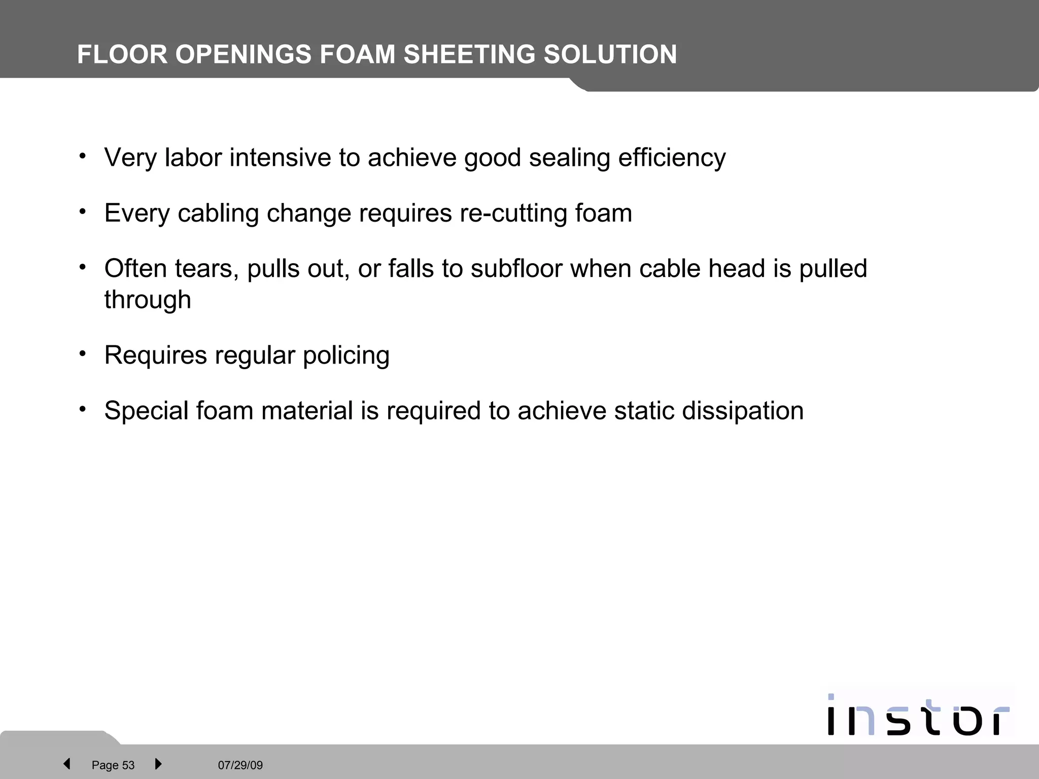 FLOOR OPENINGS FOAM SHEETING SOLUTION   Very labor intensive to achieve good sealing efficiency Every cabling change requires re-cutting foam Often tears, pulls out, or falls to subfloor when cable head is pulled through Requires regular policing  Special foam material is required to achieve static dissipation 