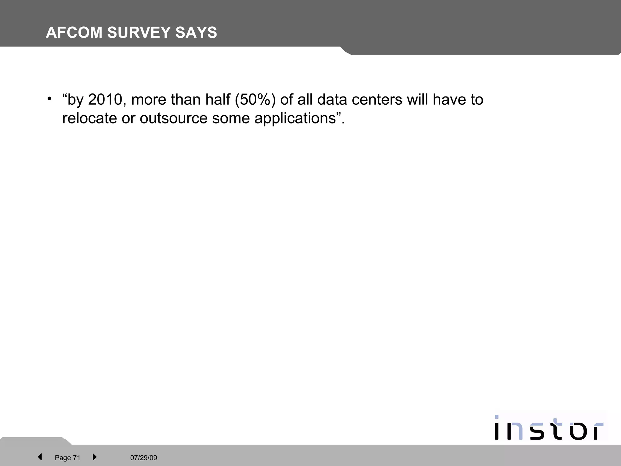 AFCOM SURVEY SAYS “by 2010, more than half (50%) of all data centers will have to relocate or outsource some applications”.  