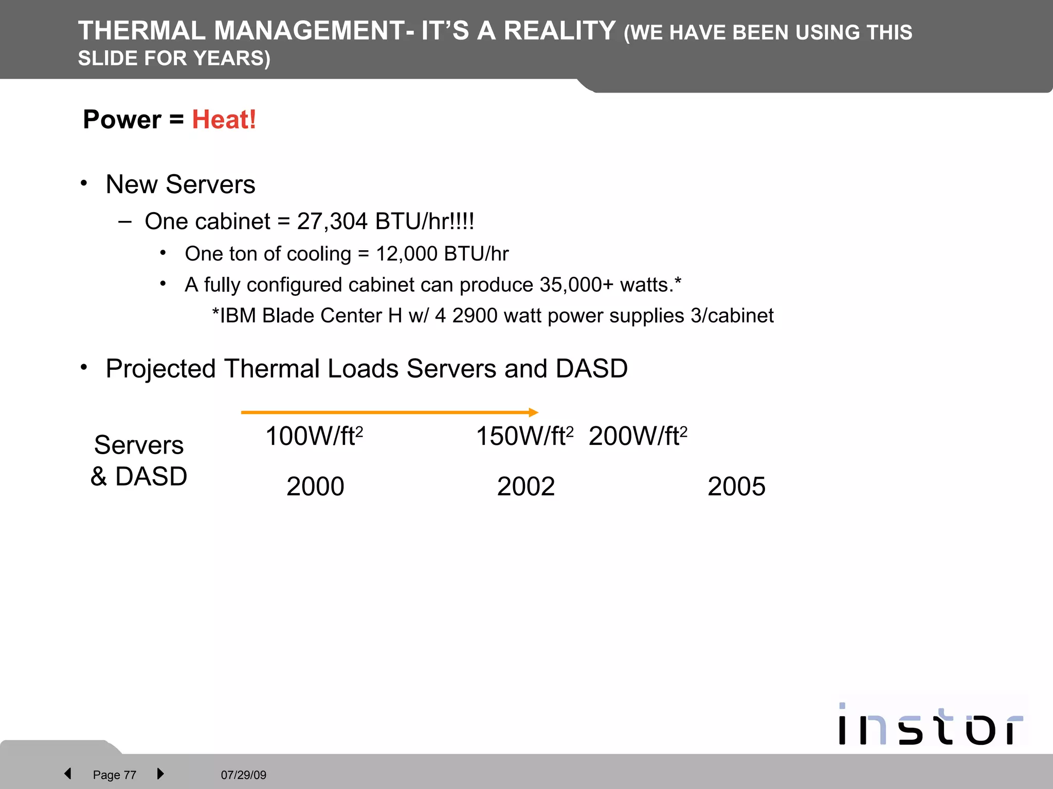 THERMAL MANAGEMENT- IT’S A REALITY  (WE HAVE BEEN USING THIS SLIDE FOR YEARS) New Servers One cabinet = 27,304 BTU/hr!!!! One ton of cooling = 12,000 BTU/hr A fully configured cabinet can produce 35,000+ watts.* *IBM Blade Center H w/ 4 2900 watt power supplies 3/cabinet Projected Thermal Loads Servers and DASD Power =  Heat! Servers & DASD 100W/ft 2   150W/ft 2    200W/ft 2    2000   2002   2005 