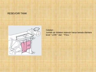 RESEVOIR TANK




                Catatan :
                Jumlah air didalam resevoir harua berada diantara
                level “ LOW “ dan “ FULL “
 