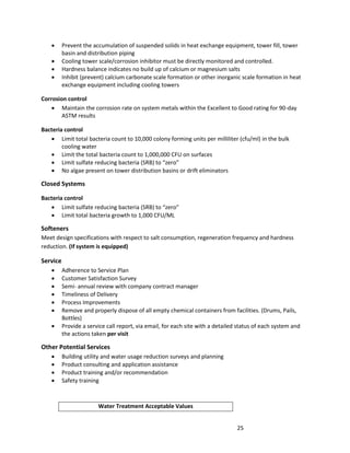25
 Prevent the accumulation of suspended solids in heat exchange equipment, tower fill, tower
basin and distribution piping
 Cooling tower scale/corrosion inhibitor must be directly monitored and controlled.
 Hardness balance indicates no build up of calcium or magnesium salts
 Inhibit (prevent) calcium carbonate scale formation or other inorganic scale formation in heat
exchange equipment including cooling towers
Corrosion control
 Maintain the corrosion rate on system metals within the Excellent to Good rating for 90-day
ASTM results
Bacteria control
 Limit total bacteria count to 10,000 colony forming units per milliliter (cfu/ml) in the bulk
cooling water
 Limit the total bacteria count to 1,000,000 CFU on surfaces
 Limit sulfate reducing bacteria (SRB) to “zero”
 No algae present on tower distribution basins or drift eliminators
Closed Systems
Bacteria control
 Limit sulfate reducing bacteria (SRB) to “zero”
 Limit total bacteria growth to 1,000 CFU/ML
Softeners
Meet design specifications with respect to salt consumption, regeneration frequency and hardness
reduction. (If system is equipped)
Service
 Adherence to Service Plan
 Customer Satisfaction Survey
 Semi- annual review with company contract manager
 Timeliness of Delivery
 Process Improvements
 Remove and properly dispose of all empty chemical containers from facilities. (Drums, Pails,
Bottles)
 Provide a service call report, via email, for each site with a detailed status of each system and
the actions taken per visit
Other Potential Services
 Building utility and water usage reduction surveys and planning
 Product consulting and application assistance
 Product training and/or recommendation
 Safety training
Water Treatment Acceptable Values
 