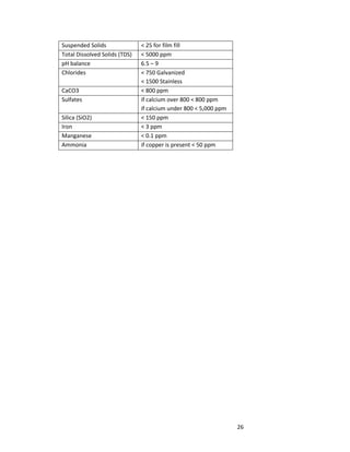 26
Suspended Solids < 25 for film fill
Total Dissolved Solids (TDS) < 5000 ppm
pH balance 6.5 – 9
Chlorides < 750 Galvanized
< 1500 Stainless
CaCO3 < 800 ppm
Sulfates if calcium over 800 < 800 ppm
if calcium under 800 < 5,000 ppm
Silica (SiO2) < 150 ppm
Iron < 3 ppm
Manganese < 0.1 ppm
Ammonia if copper is present < 50 ppm
 