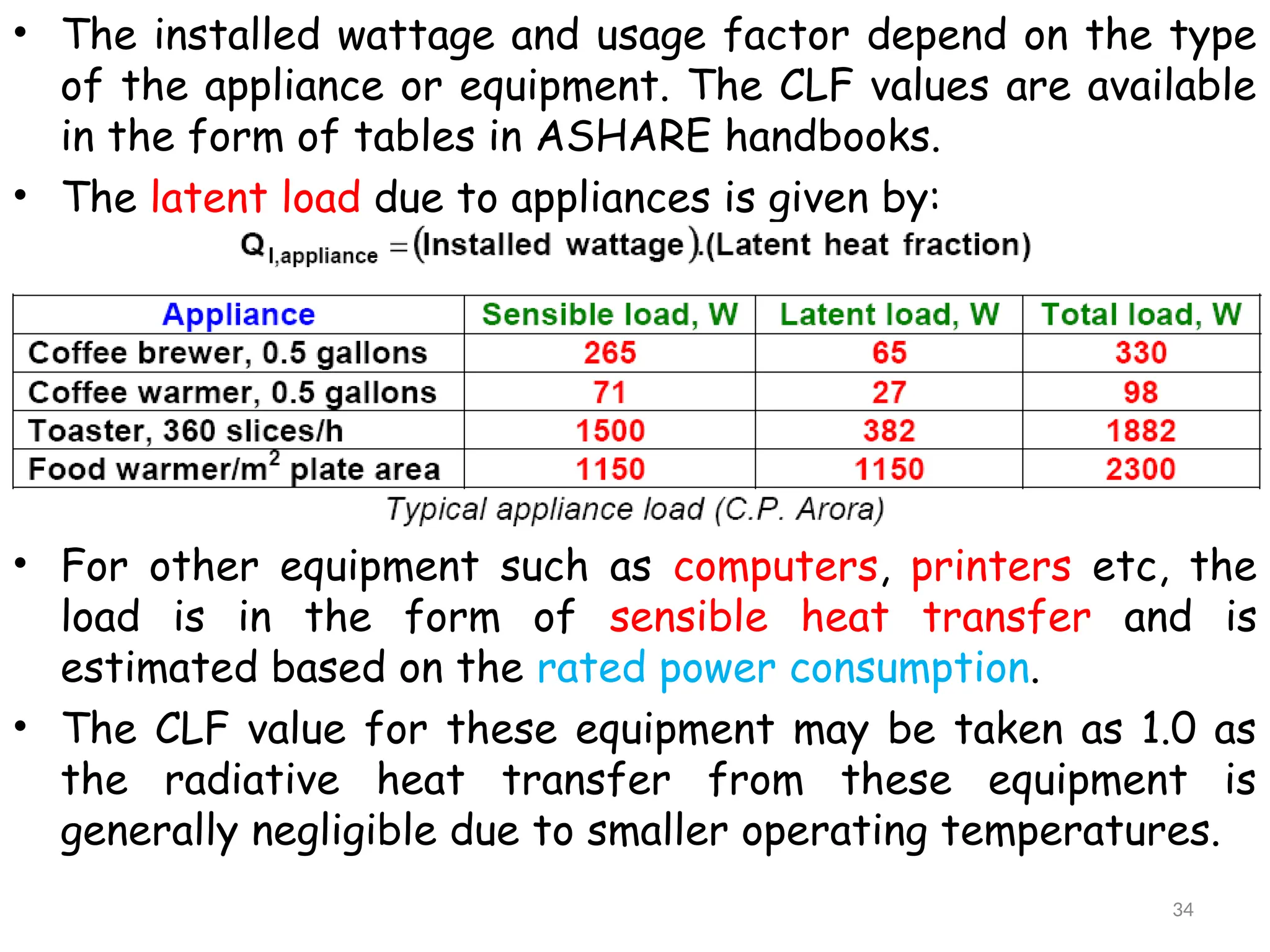 • The installed wattage and usage factor depend on the type
of the appliance or equipment. The CLF values are available
in the form of tables in ASHARE handbooks.
• The latent load due to appliances is given by:
• For other equipment such as computers, printers etc, the
load is in the form of sensible heat transfer and is
estimated based on the rated power consumption.
• The CLF value for these equipment may be taken as 1.0 as
the radiative heat transfer from these equipment is
generally negligible due to smaller operating temperatures.
34
 