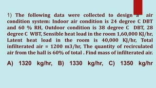 1) The following data were collected to design a air
condition system: Indoor air condition is 24 degree C DBT
and 60 % RH, Outdoor condition is 38 degree C DBT, 28
degree C WBT, Sensible heat load in the room 1,60,000 KJ/hr,
Latent heat load in the room is 40,000 KJ/hr, Total
infilterated air = 1200 m3/hr, The quantity of recirculated
air from the hall is 60% of total . Find mass of infilterated air.
A) 1320 kg/hr, B) 1330 kg/hr, C) 1350 kg/hr
 