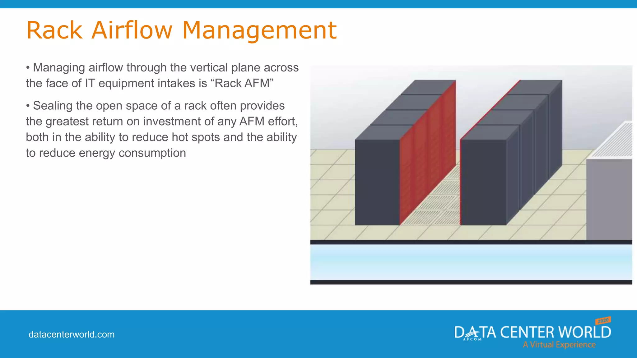 datacenterworld.com
Rack Airflow Management
• Managing airflow through the vertical plane across
the face of IT equipment intakes is “Rack AFM”
• Sealing the open space of a rack often provides
the greatest return on investment of any AFM effort,
both in the ability to reduce hot spots and the ability
to reduce energy consumption
 