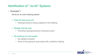 • Example 1
Air-to-air as main heating system
• External heat pump unit
• Heating/cooling is being supplied to the dwelling
• Multiple internal units
• Providing heating/cooling to individual rooms
• No evidence of a wet system
• No radiators present
• None of the pipework associated with underfloor heating
Identification of “–to-Air” Systems
18 www.seai.ie
 