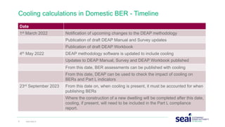 Cooling calculations in Domestic BER - Timeline
8 www.seai.ie
Date
1st March 2022 Notification of upcoming changes to the DEAP methodology
Publication of draft DEAP Manual and Survey updates
Publication of draft DEAP Workbook
4th May 2022 DEAP methodology software is updated to include cooling
Updates to DEAP Manual, Survey and DEAP Workbook published
From this date, BER assessments can be published with cooling
From this date, DEAP can be used to check the impact of cooling on
BERs and Part L indicators
23rd September 2023 From this date on, when cooling is present, it must be accounted for when
publishing BERs
Where the construction of a new dwelling will be completed after this date,
cooling, if present, will need to be included in the Part L compliance
report.
 