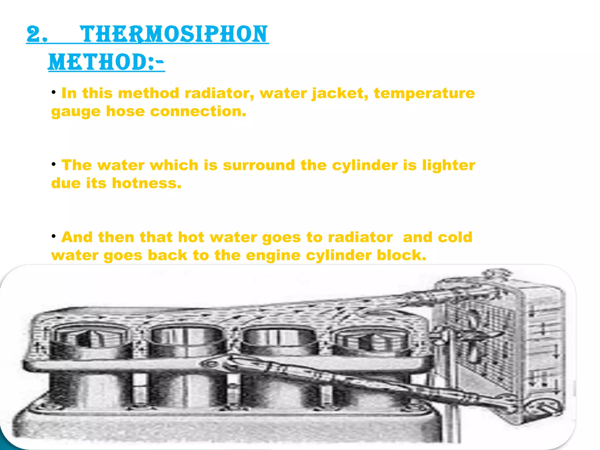 2. Thermosiphon 
meThod:- 
• In this method radiator, water jacket, temperature 
gauge hose connection. 
• The water which is surround the cylinder is lighter 
due its hotness. 
• And then that hot water goes to radiator and cold 
water goes back to the engine cylinder block. 
 