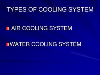 TYPES OF COOLING SYSTEM
AIR COOLING SYSTEM
WATER COOLING SYSTEM
 