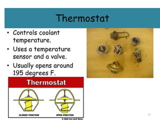 Thermostat
• Controls coolant
temperature.
• Uses a temperature
sensor and a valve.
• Usually opens around
195 degrees F.
13
 