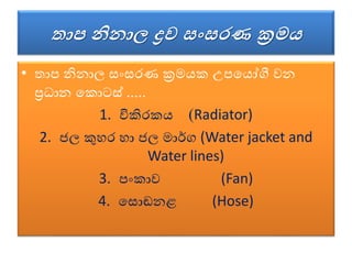 තාප නිනාල ද්‍රව සංසරණ ක්‍රම
• තාප නිනාල සංසරණ ක්‍රමයක උපවයෝගී ෙන
ප්‍රධාන වකොටස් .....
1. විකිරකය (Radiator)
2. ජල කුහර හා ජල මාර්ග (Water jacket and
Water lines)
3. පංකාෙ (Fan)
4. වසොඬනළ (Hose)
 