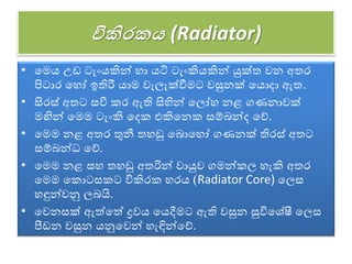 විකිරක (Radiator)
• වමය උඩ ටැංයකින් හා යටි ටැංකියකින් යුක්ත ෙන අතර
පිටාර වහෝ ඉතිරී යාම ෙැලැක්වීමට ෙසුනක් වයොදා ඇත.
• සිරස් අතට සවි කර ඇති සිහින් වලෝහ නළ ගණනාෙක්
මඟින් වමම ටැංකි වදක එකිවනක සේබන්ද වේ.
• වමම නළ අතර තුනී තහඩු වබොවහෝ ගණනක් තිරස් අතට
සේබන්ධ වේ.
• වමම නළ සහ තහඩු අතරින් ොයුෙ ගමන්කල හැකි අතර
වමම වකොටසකට විකිරක හරය (Radiator Core) වලස
හඳුන්ෙනු ලබයි.
• වෙනසක් ඇත්වත් ද්‍රෙය වයදීමට ඇති ෙසුන සුවිවශේෂී වලස
පීඩන ෙසුන යනුවෙන් හැඳින්වේ.
 