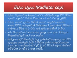 පීඩන වසුන (Radiator cap)
• පීඩන ෙසුන විකරකවේ කටට සේබන්ඳකල විට පීඩන
කපාට තලේෙ මඟින් විකරකවේ කට ෙසනු ලබයි.
• පීඩන කපාට දුන්න මඟින් කපාට තලේෙ වතරපා
වගන සිටීම වේතුවෙන් විකිරකවේ අභයන්තර පීඩනය
සාමානය පීඩනයට ෙඩා යේ ප්‍රමාණයකින් ෙැඩිය.
• වේ නිසා ද්‍රෙවේ තාපාංකය ඉහල යන අතර සිසිලන
ශීඝ්‍රතාෙක්ඇති කර ගත හැකිය.
• සිසිලන පද්ධතිවේ ද්‍රෙ ෙල උෂ්ණත්ෙය ඉහල යන විට
ඇතුලත වතරපුම ෙැඩි වී පීඩන දුන්න හකුළුොවගන
ප්‍රසාරණය වහේතුවෙන් ෙැඩි වූ ද්‍රෙ පිටාර නළය ඔස්වසේ
අතිවර්ක ටැංකියට යනු ලබයි.
 
