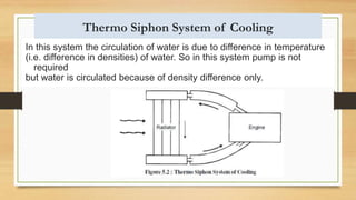 Thermo Siphon System of Cooling
In this system the circulation of water is due to difference in temperature
(i.e. difference in densities) of water. So in this system pump is not
required
but water is circulated because of density difference only.
 