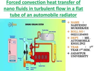 Forced convection heat transfer of
nano fluids in turbulent flow in a flat
tube of an automobile radiator
 NAME :
NABYENDU
MUKHERJEE
 ROLL NO :
002211204003
 DEPT. : ME .
AUTOMOBILE
ENGG.[PG]
 YEAR : 1ST
YEAR 1ST SEM.
 JADAVPUR
UNIVERSITY
 