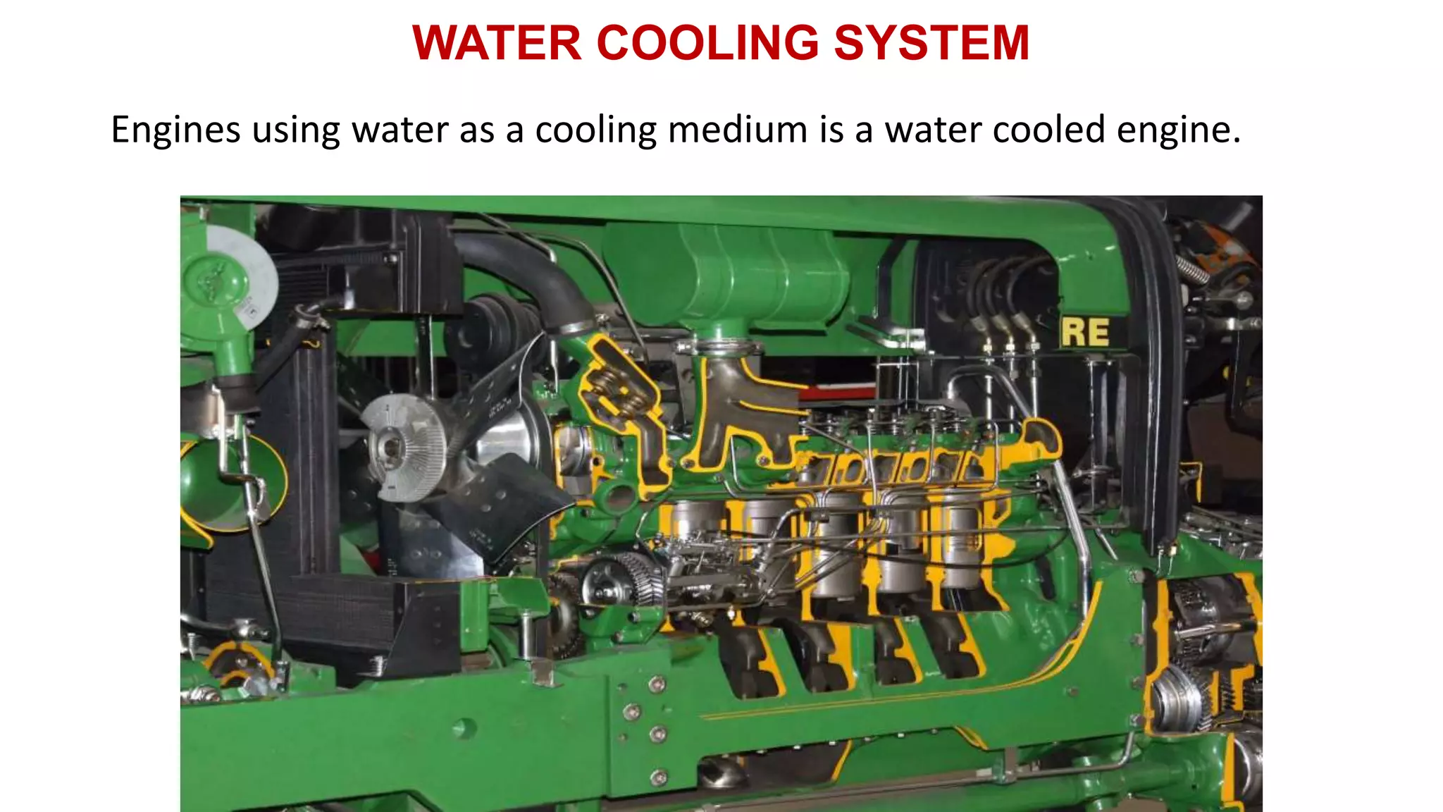 WATER COOLING SYSTEM
Engines using water as a cooling medium is a water cooled engine.
 