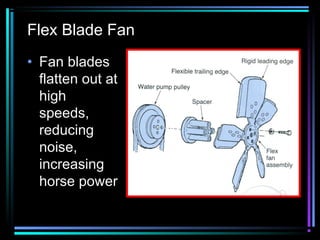 Flex Blade Fan
• Fan blades
flatten out at
high
speeds,
reducing
noise,
increasing
horse power

 