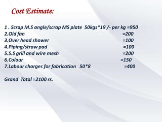 Cost Estimate:
1 . Scrap M.S angle/scrap MS plate 50kgs*19 /- per kg =950
2.Old fan                                           =200
3.Over head shower                                  =100
4.Piping/straw pad                                  =100
5.S.S grill and wire mesh                           =200
6.Colour                                           =150
7.Labour charges for fabrication 50*8                =400

Grand Total =2100 rs.
 