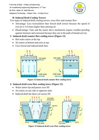 University of Kufa – College of Engineering
Air Conditioning Engineering Department / 4 th
Year
By M.Sc.: Hyder M. Abdul Hussein
Equipment Technology – Chapter Nine – Cooling Tower
B- Induced Draft Cooling Towers
Two types of induced draft cooling towers: cross flow and counter flow
 Advantage: Less recirculation than forced draft towers because the speed of
exit air is 3-4 times higher than entering air.
 Disadvantage: Fans and the motor drive mechanism require weather-proofing
against moisture and corrosion because they are in the path of humid exit air.
1- Induced draft counter flow cooling tower (Figure 12)
 Hot water enters at the top
 Air enters at bottom and exits at top
 Uses forced and induced draft fans
Figure 12 Induced draft counter flow cooling tower
2- Induced draft cross flow cooling tower (Figure 13)
 Water enters top and passes over fill
 Air enters on one side or opposite sides
 Induced draft fan draws air across fill
Figure 13 Induced draft cross Flow cooling tower
 