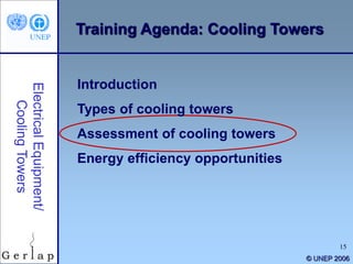 15
© UNEP 2006
Training Agenda: Cooling Towers
Introduction
Types of cooling towers
Assessment of cooling towers
Energy efficiency opportunities
 