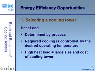 29
© UNEP 2006
Energy Efficiency Opportunities
Heat Load
• Determined by process
• Required cooling is controlled by the
desired operating temperature
• High heat load = large size and cost
of cooling tower
1. Selecting a cooling tower
 