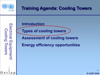 6
© UNEP 2006
Training Agenda: Cooling Towers
Introduction
Types of cooling towers
Assessment of cooling towers
Energy efficiency opportunities
 
