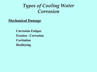 Types of Cooling Water
Corrosion
Mechanical Damage
Corrosion Fatigue
Erosion - Corrosion
Cavitation
Dealloying
 