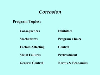 Corrosion
Consequences
Mechanisms
Factors Affecting
Metal Failures
General Control
Inhibitors
Program Choice
Control
Pretreatment
Norms & Economics
Program Topics:
 