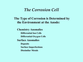 The Corrosion Cell
The Type of Corrosion is Determined by
the Environment at the Anode:
Chemistry Anomalies
Differential Ion Cells
Differential Oxygen Cells
Surface Anomalies
Deposits
Surface Imperfections
Dissimilar Metals
 