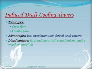 Induced Draft Cooling Towers
 Two types:
 Cross flow
 Counter flow
 Advantages: less circulation than forced draft towers
 Disadvantage: fans and motor drive mechanism require
weather- proofinh
14Copyright Ajeet kumar saini10/2/2018
 