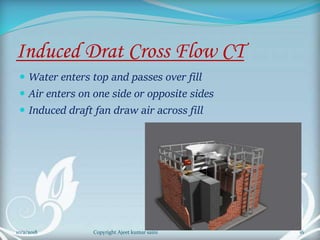 Induced Drat Cross Flow CT
 Water enters top and passes over fill
 Air enters on one side or opposite sides
 Induced draft fan draw air across fill
16Copyright Ajeet kumar saini10/2/2018
 