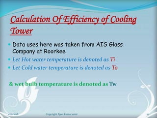 Calculation Of Efficiency of Cooling
Tower
 Data uses here was taken from AIS Glass
Company at Roorkee
 Let Hot water temperature is denoted as Ti
 Let Cold water temperature is denoted as To
& wet bulb temperature is denoted as Tw
20Copyright Ajeet kumar saini10/2/2018
 