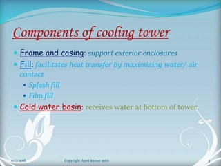 Components of cooling tower
 Frame and casing: support exterior enclosures
 Fill: facilitates heat transfer by maximizing water/ air
contact
 Splash fill
 Film fill
 Cold water basin: receives water at bottom of tower.
5Copyright Ajeet kumar saini10/2/2018
 