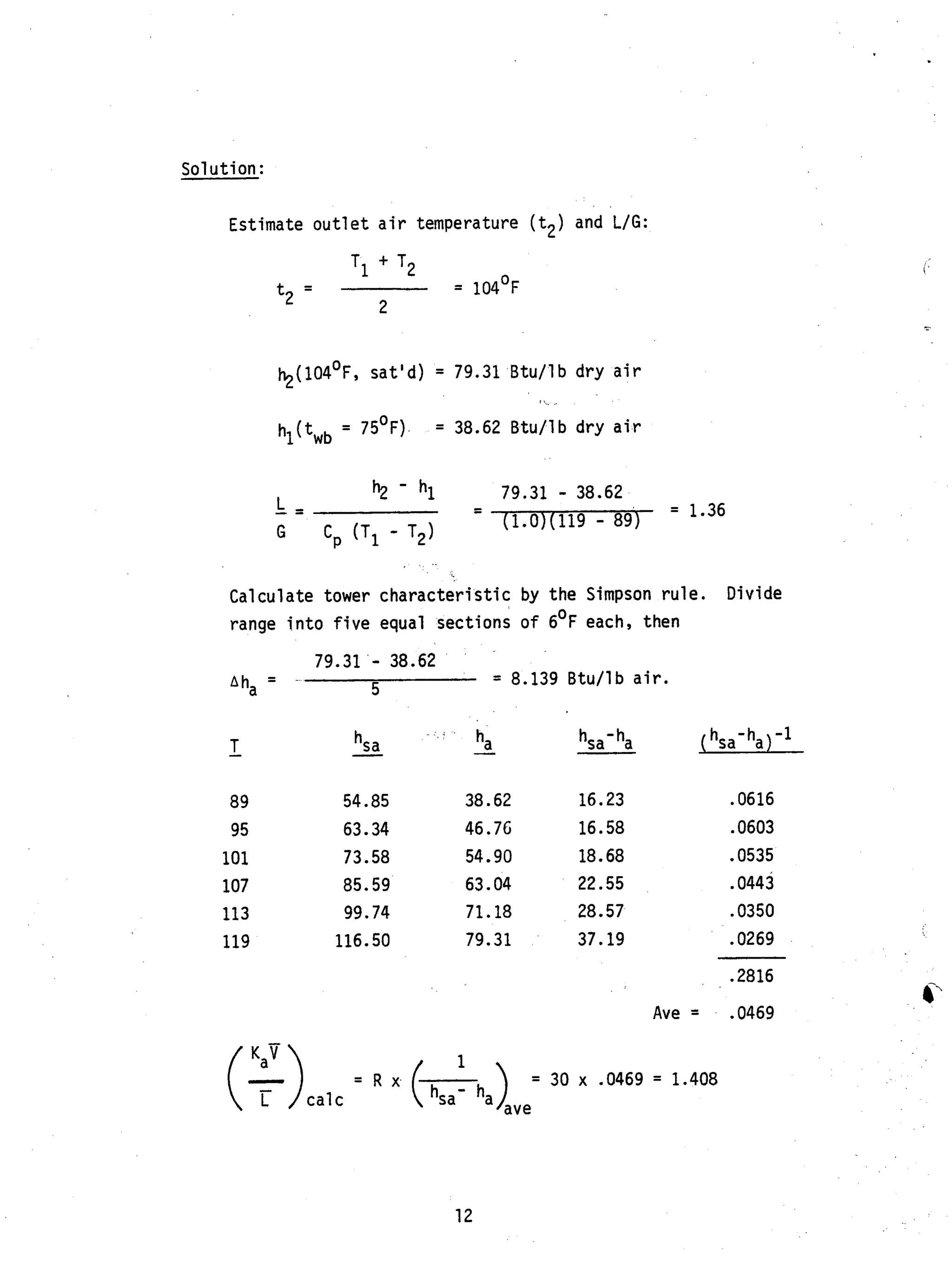 Solu t ion :
Estimate outlet a i r temperature (t2)and t/G:
= 104OF
T1+ T2
-
2t2 -
+(104°F, sat'd) = 79.31 Btu/lb dry air
= 75OF) = 38.62 Btu/lb dry a i r
hl(twb
79.31 - 38.62
(1.0)(119 - 89)
= 1.36--h2 - h l
L
G Cp (TI - T2)
Calculate tower characteristic by the Simpson rule.
range into five equal sections o f 6OF each, then
Divide
79.31 - 38.62
- = 8.139 Btu/lb air.
Aha - - 5
89 54.85 38.62 16.23 .0616
95 63.34 46.76 16.58 .0603
101 73.58 54.90 18.68 .0535
107 85.59 63.04 22.55 .0443
113 99.74 71.18 28.57 .0350
119 116.50 79.31 37.19 .0269
.2816
Ave = .0469
KaB 1
(T ) ~ ~ ~ ~= R x (hsa- ha) = 30 x .0469 = 1.408
ave
12
 