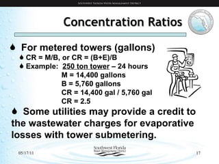 Concentration Ratios For metered towers (gallons) CR = M/B, or CR = (B+E)/B Example:  250 ton tower  – 24 hours M = 14,400 gallons B = 5,760 gallons CR = 14,400 gal / 5,760 gal CR = 2.5 Some utilities may provide a credit to the wastewater charges for evaporative losses with tower submetering. 