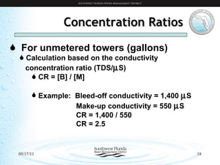 Concentration Ratios For unmetered towers (gallons) Calculation based on the conductivity  concentration ratio (TDS/  S) CR = [B] / [M] Example:  Bleed-off conductivity = 1,400   S Make-up conductivity = 550   S CR = 1,400 / 550 CR = 2.5 