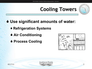 Use significant amounts of water: Refrigeration Systems  Air Conditioning Process Cooling Cooling Towers 