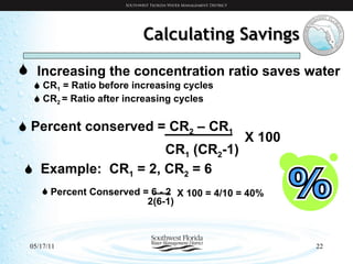 Calculating Savings Increasing the concentration ratio saves water CR 1  = Ratio before increasing cycles CR 2  = Ratio after increasing cycles Percent conserved = CR 2  – CR 1 CR 1  (CR 2 -1) X 100 Example:  CR 1  = 2, CR 2  = 6 Percent Conserved = 6 - 2 2(6-1) X 100 = 4/10 = 40% 