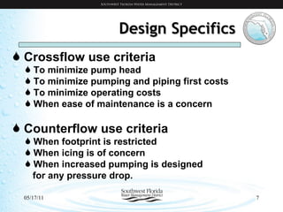 Design Specifics Crossflow use criteria To minimize pump head To minimize pumping and piping first costs To minimize operating costs When ease of maintenance is a concern Counterflow use criteria When footprint is restricted When icing is of concern When increased pumping is designed  for any pressure drop. 